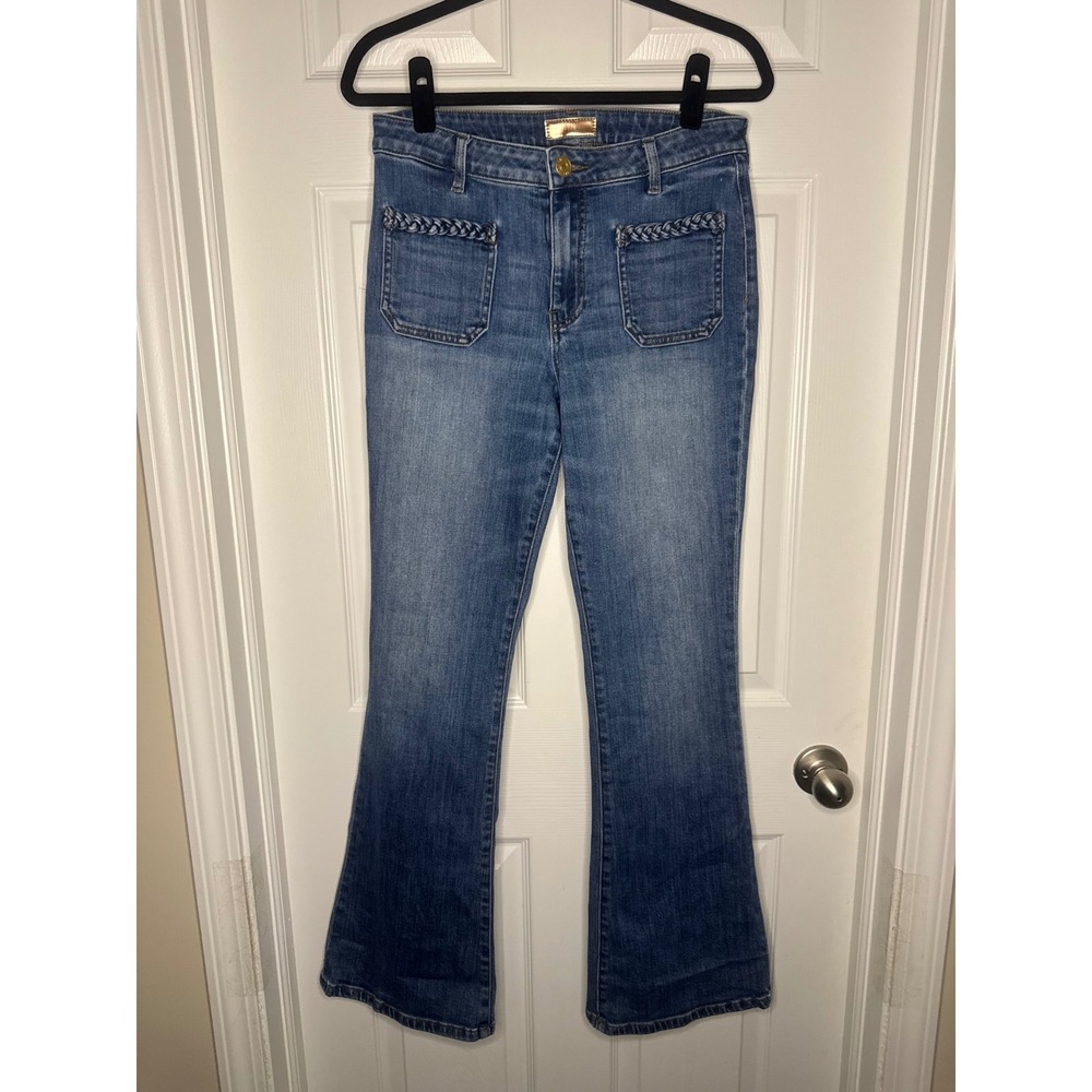 KUT from the Kloth Braided Patch Pocket Flare Jeans Medium Wash Blue Denim 8